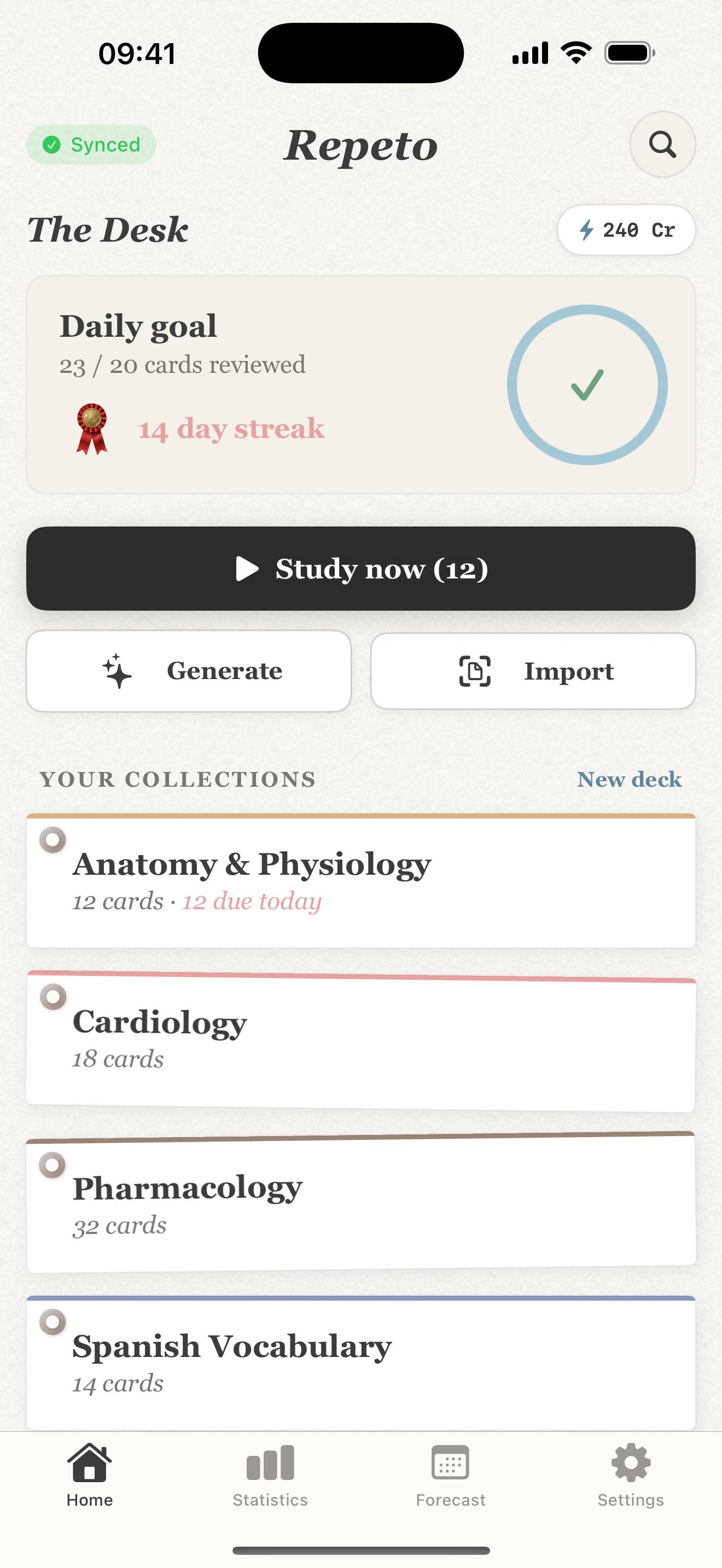 Repeto home screen on iPhone: daily goal, 14-day streak and flashcard collections such as Anatomy & Physiology and Cardiology