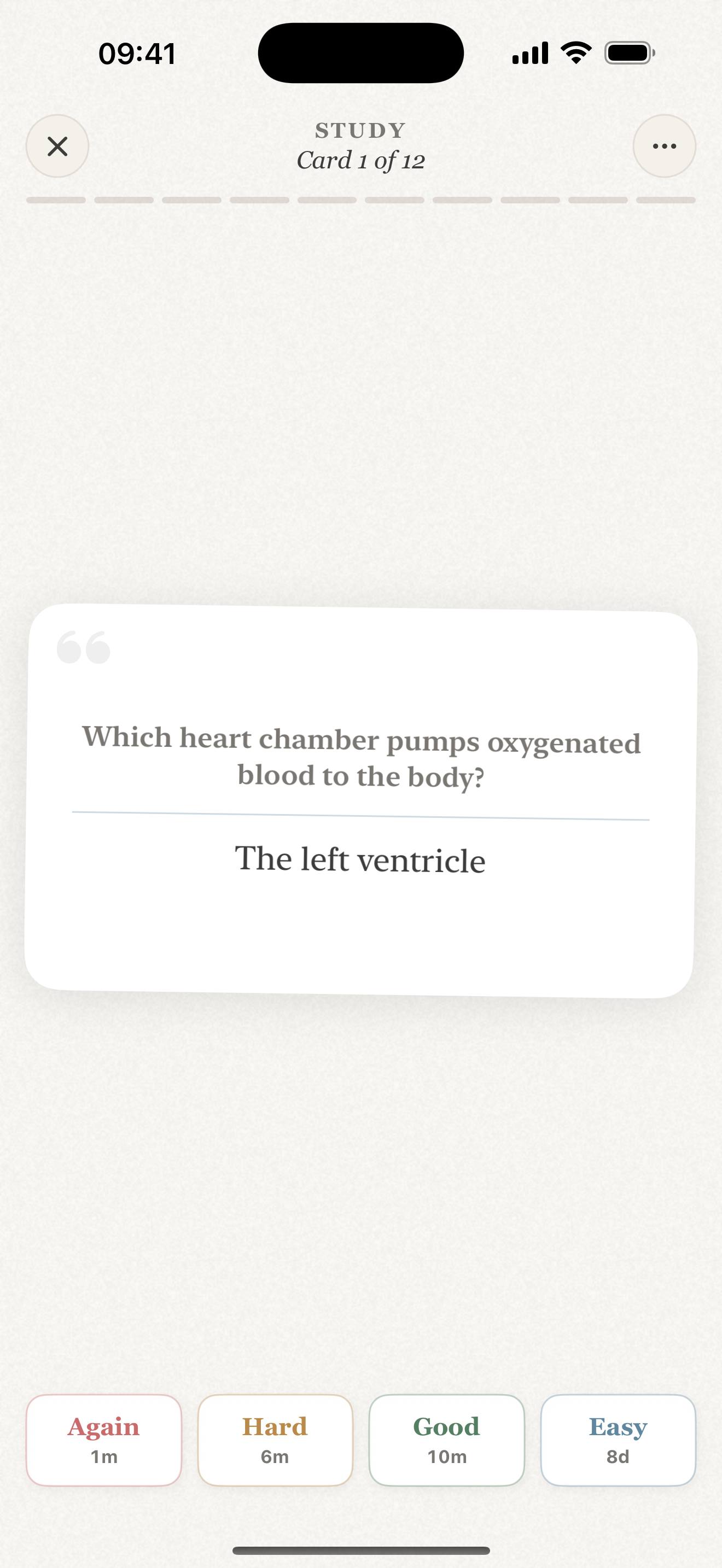 Repeto study screen on iPhone showing a flashcard with FSRS answer buttons and honest review intervals