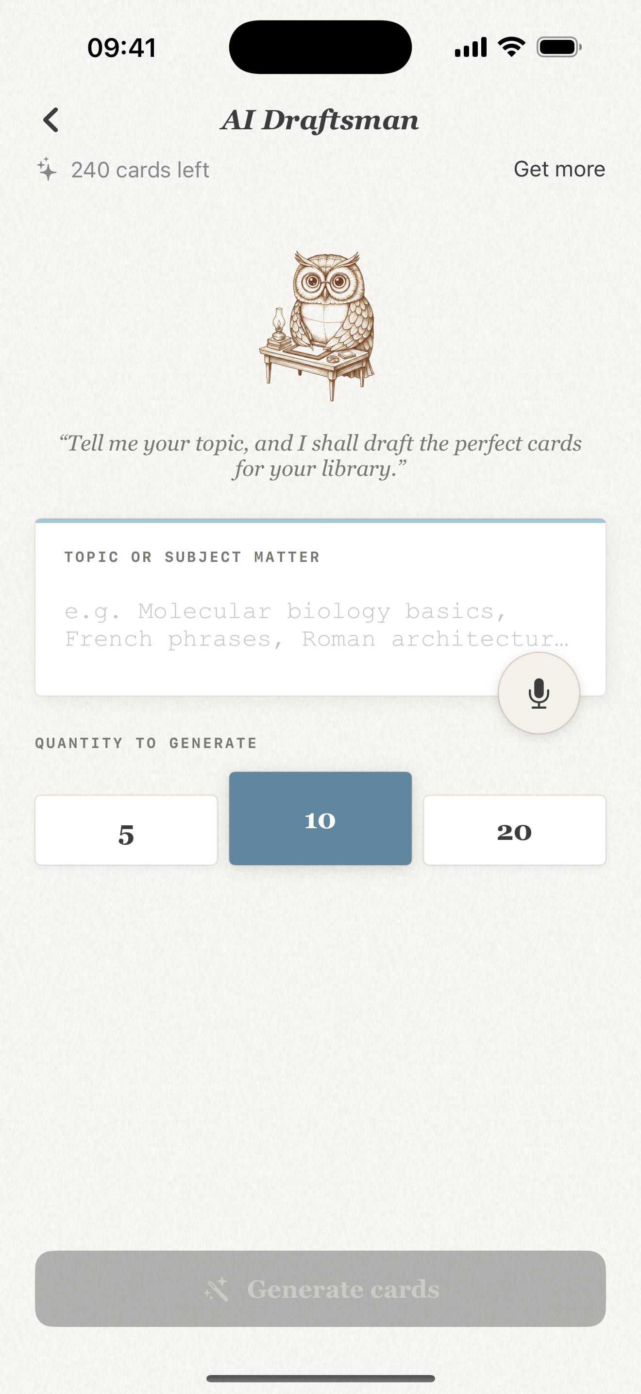 Repeto AI card generation screen on iPhone with the owl mascot, a topic field and quantity selection