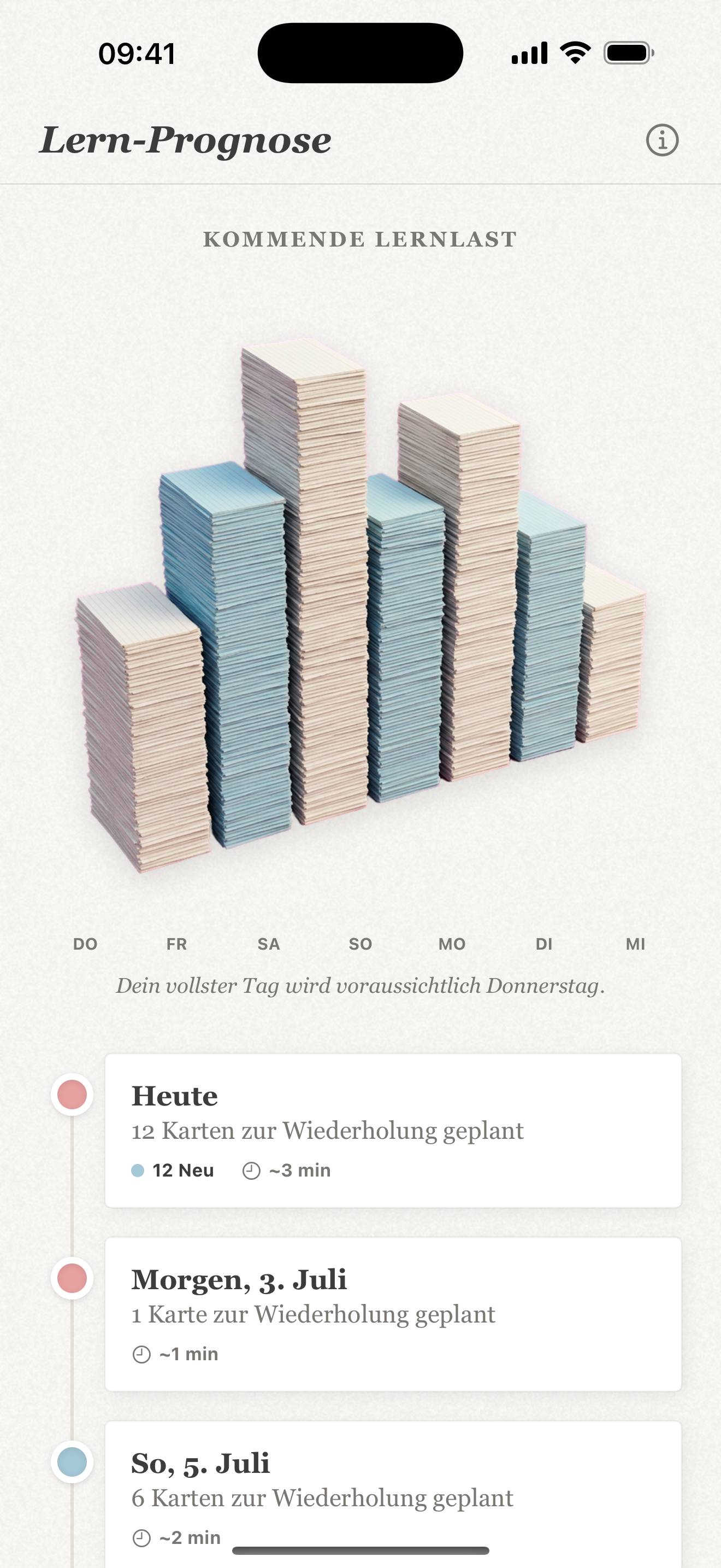 Repeto-Prognose auf dem iPhone: kommende Wiederholungen, über die Woche verteilt