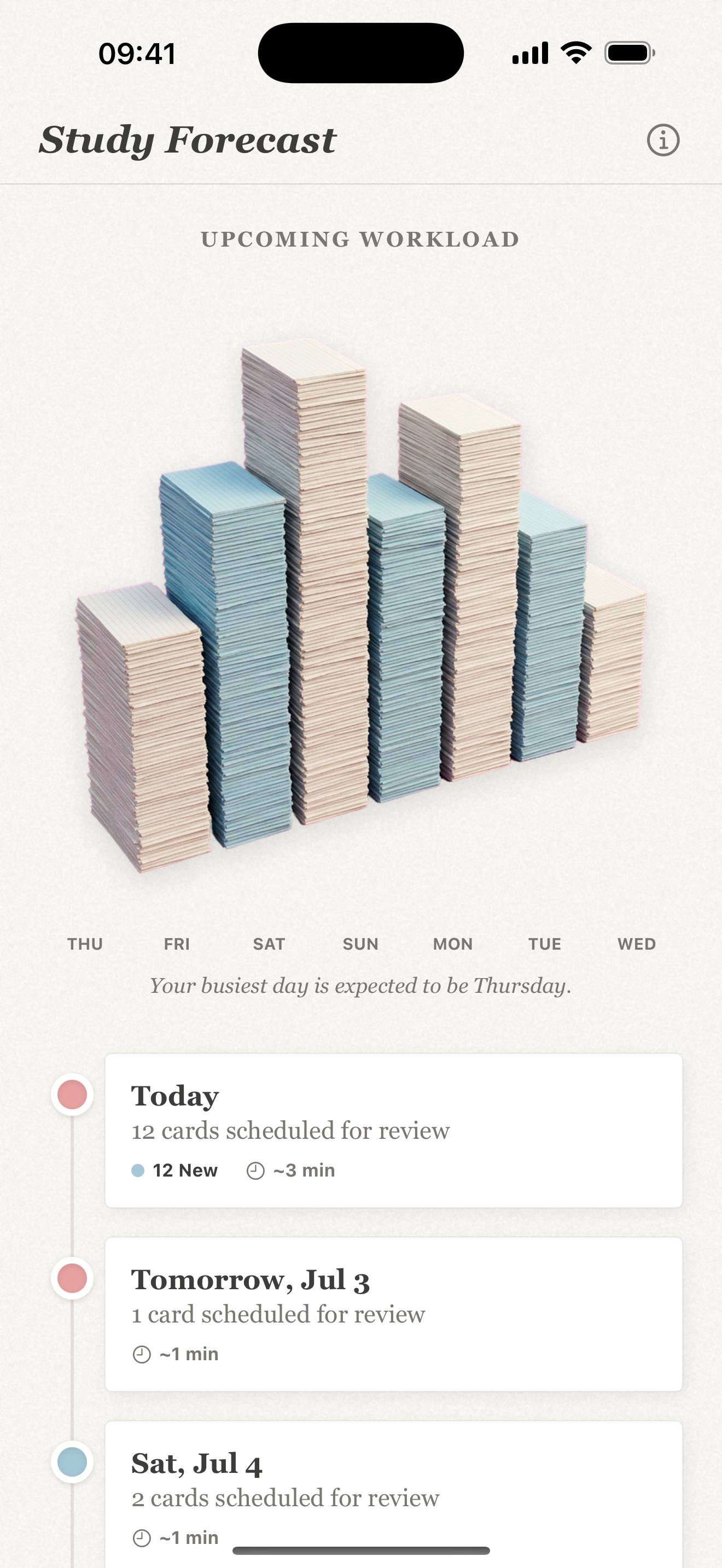 Repeto forecast screen on iPhone showing upcoming reviews distributed across the week
