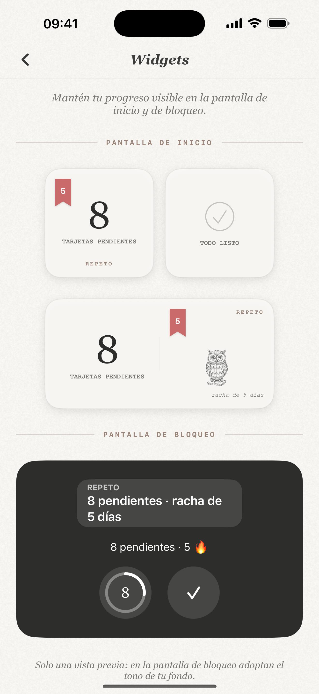 Widgets de Repeto en iPhone: widgets de pantalla de inicio con 8 tarjetas pendientes y una racha de 5 días con el búho, y un widget de pantalla de bloqueo