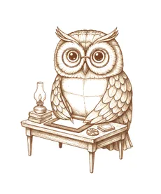 El búho mascota de Repeto, dibujado en estilo de grabado antiguo, escribe tarjetas en un pequeño escritorio
