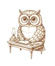 El búho mascota de Repeto, dibujado en estilo de grabado antiguo, escribe tarjetas en un pequeño escritorio